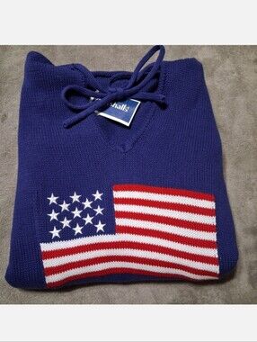 BRIT.NY V Neck Knitted Hooded Navy American flag Americana Sweater Patriotic NWT